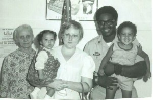 My great grandmother, mom, dad, sister, and me