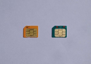 On the left is an AT&T SIM card, and on the right is a Kolbi SIM card.